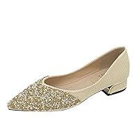 WaLDor Women Elegant Pointed Toe Slip-on Pumps Glitter Rhinestone Comfortable Low Heel Wedding Dress Shoes