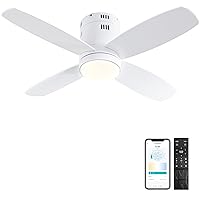 Ohniyou Ceiling Fan with Lights - 38'' Small Low Profile Ceiling Fans Remote & APP Control - Dimmable Indoor Outdoor Quiet DC Flush Mount Ceiling Fan for Patio Kitchen Dining Room Bedroom(White)
