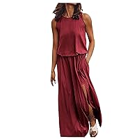 Summer Dresses for Women 2024 Casual Printing Big Hem Dresswave Round Neck Sleeveless Long Dress