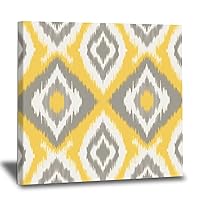 WoGuangis Aztec Geometry Boho Ikat Canvas Wall Art Ikat Textile Gray and Yellow Home Wall Decor Hanging Poster Chinoiserie Chic Poster Artwork for Living Room Bedroom 12x12in