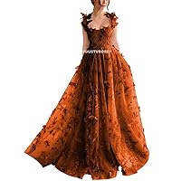 Floral Tulle Butterfly Prom Dresses Long 2024 Spaghetti Straps Fairy Corset Formal Evening Gowns with Slit