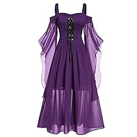 Womens Halloween Dress Plus Size Cold Shoulder Butterfly Sleeve Lace Up Solid Color Long Elegant Dress