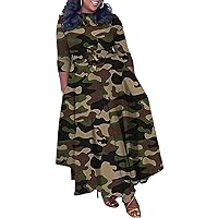 SHINFY Women Camo Maxi Dress 2023 Fall Casual Long Sleeve Camouflage Ruffle A-line Flowy Long Dress with Tie