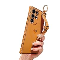 for Samsung Galaxy S23 Ultra Case Cute with Strap, Luxury Love Heart Plating Case Side Edge Small Love Pattern for Women Girls Wristband Stand Slim Soft TPU Cover Full Body Camera Case, Brown
