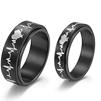 2pcs Black Heartbeat Spinner Rings for Couples Stainless Steel EKG Heart Beat Matching Promise Rings Wedding Bands Sets for Him and Her Fidget Anxiety Ring Set Comfort Fit