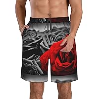 Black White and Red Roses Print Men's Beach Shorts Hawaiian Summer Holiday Casual Lightweight Quick-Dry Shorts