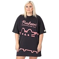 Pusheen Womens Oversized T-Shirt Dress | Ladies Cartoon Tabby Cat Outfit | Charcoal Grey & Pink The Cat Graphic Tee