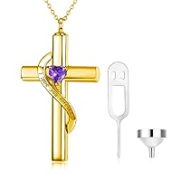 Personalize Solid 10k 14k 18k Real Gold Birthstone Cross Locket for Ashes, Simulated Gemstone Cross Urn Necklaces with Gold Chain Keepsake Cremation Jewelry