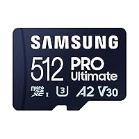 SAMSUNG PRO Ultimate microSD Memory Card + Adapter, 512GB microSDXC, Up to 200 MB/s, 4K UHD, UHS-I, Class 10, U3,V30, A2 for Action Cam, Drone, Gaming, Phones, Tablets, MB-MY512SA/CA[Canada Version]