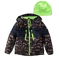 LONDON FOG Boys' Big Active Puffer Jacket Winter Coat, Camouflage with Bright Green, 14/16