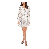 Vince Camuto Womens Ivory Smocked Lined Asymmetrical Ruffle Hem Pullover Printed Blouson Sleeve Surplice Neckline Short Fit + Flare Dress XS