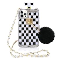 Losin Perfume Case Compatible with iPhone 13 Pro 6.1 inch Luxury Bling Diamond Rhinestone Bow Perfume Bottle Furry Plush Ball Bling Glitter Gemstone Soft TPU Back Case with Lanyard