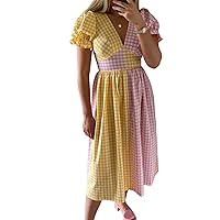 Women Colorful Checkered Midi Dress Short Puff Sleeve V Neck Color Block Plaid Long Dress 2024 Summer Trendy Beach Sundress