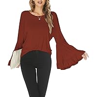 Hount Women Casual Long Bell Sleeve Tops Loose Round Neck T Shirt Flare Sleeve Shirt Tops
