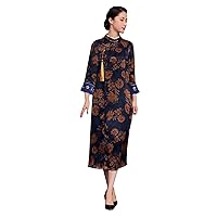 Silk Fragrant Cloud Yarn Cheongsam Dress Chinese Printing Embroidered Qipao Blue Dress 2534