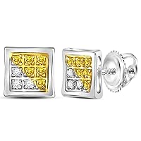 Dazzlingrock Collection Sterling Silver Mens Round Yellow Color Enhanced Diamond Cluster Earrings 1/20 ctw