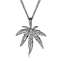 Hip Hop Black Stainless Steel Cannabis Weed Marijuana Leaf Pendant Necklace with 24 inch Chain