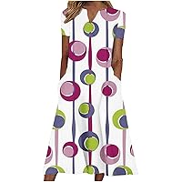 Trendy Strip Print Short Sleeve V Neck T-Shirt Dress for Womens Summer Casual Loose Fit Tunic Mid Dress with Pockets