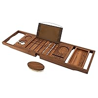 VaeFae Teak Bathtub Tray, Expandable Wooden Bath Tray for Tub with Wine and Book Holder, Solid Bathroom Caddy with Free Teak Body Brush