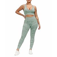 Women's Workout Outfit Set Active 2 Pieces Camo Seamless Yoga Leggings with Paded Sports Bra Racer Back A Green