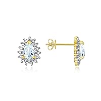 Yellow Gold Plated Halo Stud Earrings - 6X4MM Pear Shape Gemstone & Diamonds - Exquisite Birthstone Jewelry for Women & Girls