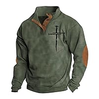 Henley Shirts for Men Sweatshirt Patched Elbow Long Sleeve Lapel Button Outdoor Casual Cross Print Pullover Top
