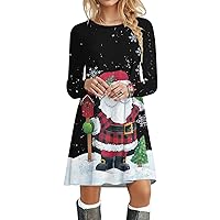 Women's Ugly Christmas Dresses Long Sleeve Casual Cocktail Party A Line Xmas Snowflake Reindeer Snowman Santa Claus Print Midi Pullover Flared A Line Swing Tunic T-Shirt Dress(D Black M)