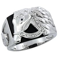 Mens Sterling Silver Cubic Zirconia Black Onyx Horse Ring 1/2 inch Wide