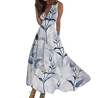 Womens Summer Maxi Dress 2024 Elegant Sleeveless Maxi Dress Trendy Floral Print Flowy Beach Dress