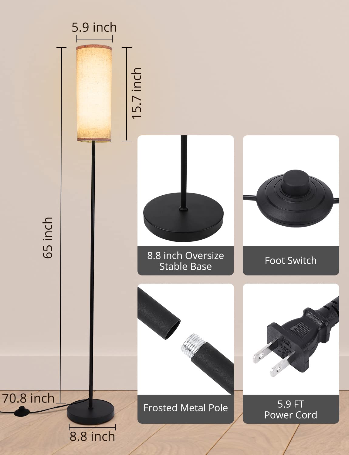HeroPlus Floor Lamp for Living Room RGB Standing Lamp Tall Lamp Corner Industrial Floor Lamp Reading for Bedroom Office with Remote & WiFi APP Control - Black