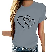 Womens Tops Summer Fashion Love Heart Print Comfortable Loose Tee Shirts Casual Cool Blouse Short Sleeve Crewneck Top