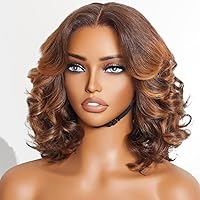 Body Wave 4/27 Brown Ombre Bob Wig Human Hair Short Bob Wig Pre Cut Glueless 13X6 HD Lace Wig HD Transparent Lace Wig 150% Density Pre Plucked Light Brown Short Loose Wave Wigs For Women 12 Inch