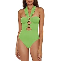 Soluna Women's Standard Buckle Up One Piece Bandeau Swimsuit with Cut Out Neckline and Removable Cups, Bathing Suits