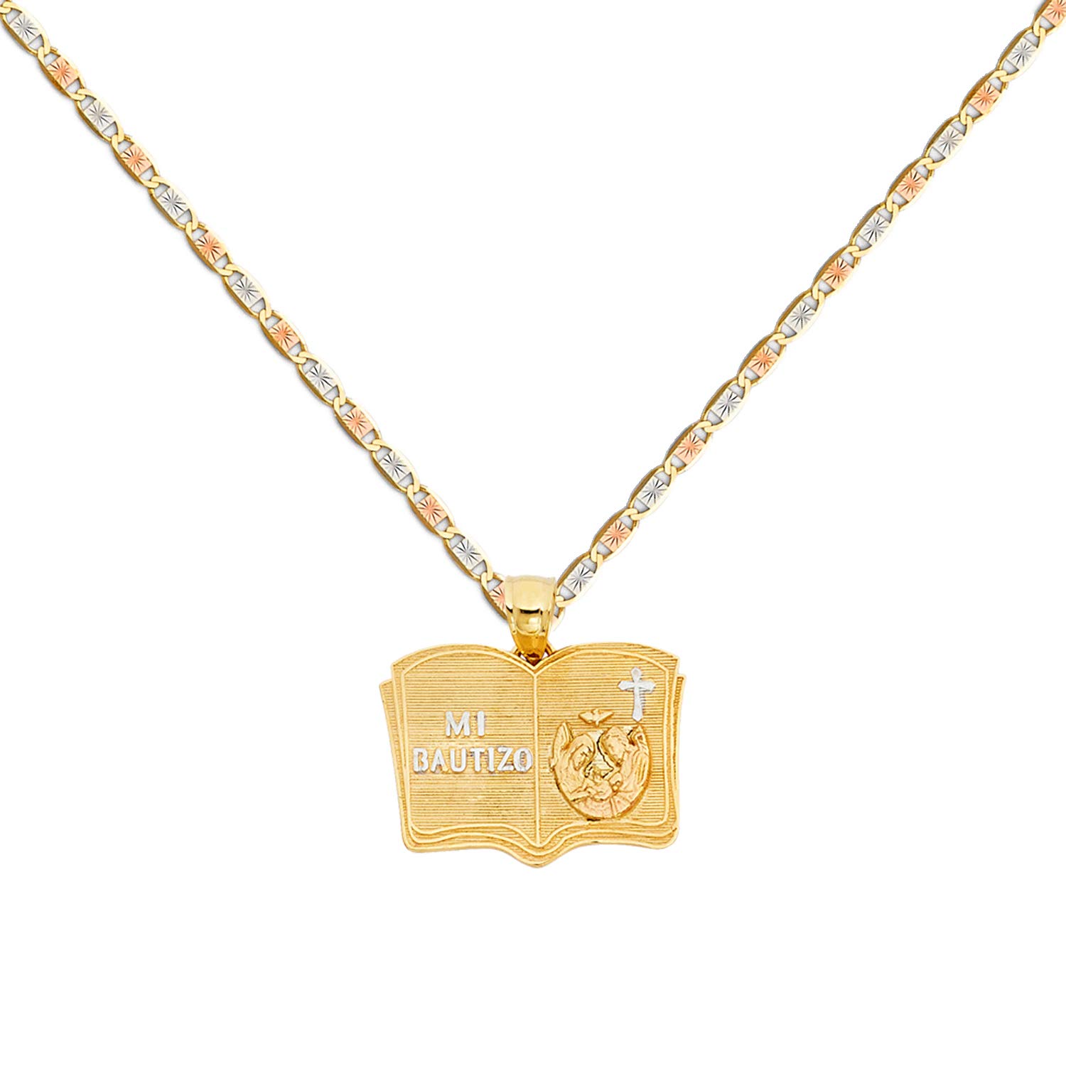 14k Two Tone Gold Religious Baptism Pendant with 1.5mm Valentino Diamond Cut Chain Necklace