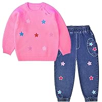 Peacolate Spring Autumn Little Girls 2pcs Clothing Sets Long Sleeve Pink Knit Sweater and Stars Embroidery Jeans(5Years)