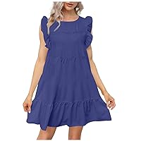 Casual Dresses for Women 2023 Fall Clothes for Women Round Neck Casual Short Sleeve Ruffle-Trim Dresses
