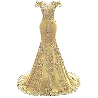 Tsbridal Women's Off Shoulder Evening Gown Lace Mermaid Beading Sequins Appliques Prom Dresses Sweetheart Sleeves