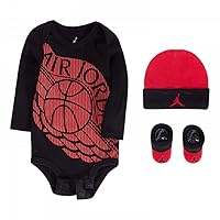 Jordan Baby Boy Long Sleeve Bodysuit, Hat & Booties 3 Piece Set(Black(LJ0112-023)/Red, 0-6 Months)