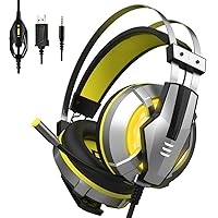 EKSA Gaming Headset for PS4, PC, Xbox One Controller, Noise Cancelling Over Ear Headphones with Mic, LED Light, Soft Memory Earmuffs for Laptop Mac Nintendo Switch Games, Yellow