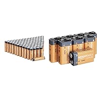 Amazon Basics 100 Pack AAA High-Performance Alkaline Batteries, 10-Year Shelf Life, Easy to Open Value Pack & 8 Pack 9 Volt Performance All-Purpose Alkaline Batteries, 5-Year Shelf Life
