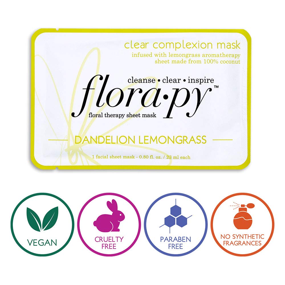Self-Care Sheet Mask Wellness, Aromatherapy - Hydrating - Essential Oils - Clear Complexion Dandelion Lemongrass (Single) by Florapy Beauty