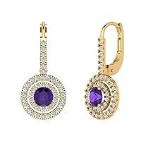 1.79 ct Brilliant Round Cut Halo Drop Dangle Natural Amethyst 14k Yellow Gold Designer Earrings Lever Back