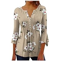 Button Down Shirts for Women Fall Tops Floral Print 3/4 Sleeve Tunic Short Sleeve Henley V Neck Autumn Tee Blouses