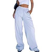 Y2K Striped Wide Leg Lounge Pants for Women Elastic Waist Loose Fit Plaid Pinstripe Pants Going Out Pants Streetwear