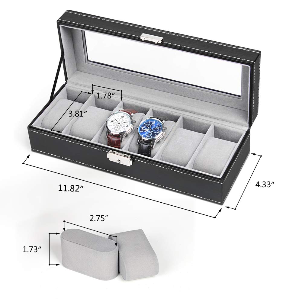NEX 6 Slots Watch Box Organizer for Men, Black Watch Stand Display Storage Case Holiday Gift