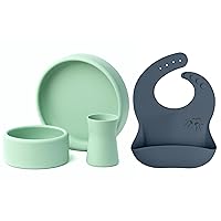 Baby Silicone Feeding Set (Sage Green) and Baby Sign Language Bib (Blue Hour-More) Bundle