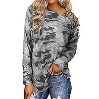 Women Off Shoulder Long Sleeve T-Shirt Casual Camouflage Print Shoulder Strap Blouse Fashion Loose Fitted Tunics Tops