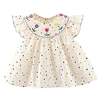 Toddler Girls Fly Sleeve Floral Dot Prints Ruffles Princess Dress Dance Party Dresses Clothes Girls Summer