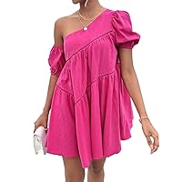 Summer Dresses for Women 2024 Asymmetrical Neck Puff Sleeve Ruffle Hem Dress