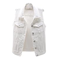 Women's Casual Denim Waistcoat Frayed Sleeveless Ripped Jacket Vest with Pockets